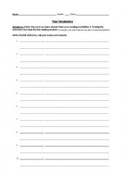 Self-Created Vocabulary list, template form