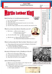 English Worksheet: Martin Luther King Reading TEST