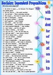 English Worksheet: Revision: Dependent Prepositions