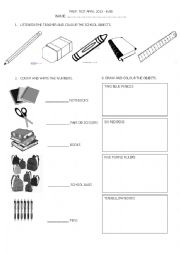English Worksheet: COLOURS, NUMBERS, SCHOOL OBJECTS