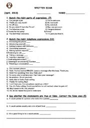 English Worksheet: Fifth grade test-telephone conversation, social expressions, past simple (was, were), ordinal and cardinal numbers