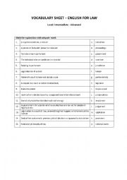 English Worksheet: Vocabulary - English for Law