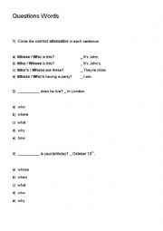 English Worksheet: Question Words