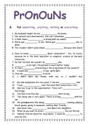 English Worksheet: Pronouns: something, anything, nothing, everything, somebody, anybody,nobody,everybody,somewhere,anywhere,nowhere,everywhere