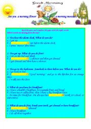 English Worksheet: Are you  a morning flower or  a morning monster?-quiz and gapfilling with key