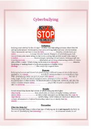 English Worksheet: Cyberbullying (Definition,Reasons,Results and Prevention)