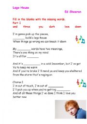 Filling in activity : Song : Lego house (Ed Sheeran) - with answer key