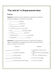 Worksheet for the verb be