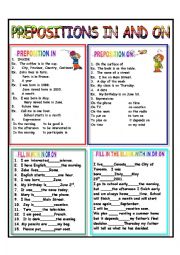 English Worksheet: PREPOSITIONS IN AND ON - ANSWER KEY INCLUDED