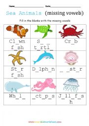 English Worksheet: Sea animals missing vowels