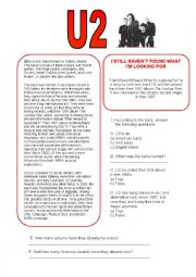 English Worksheet: I still havent found what Im looking for - U2 (reading comprehension + song) - with answers!