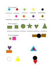 English Worksheet: Shapes, colors and prepositions