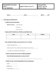 English Worksheet: mid-term test n3 for 1st year