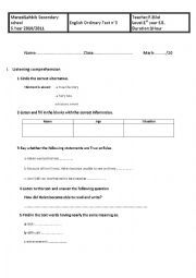 English Worksheet: mid-term test n3 for 1st year