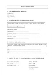 English Worksheet: Do you go swimming? With answer key.