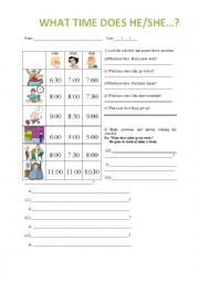 English Worksheet: What time does he/she....?