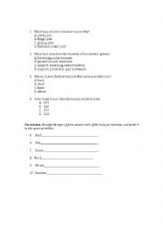 English Worksheet: Bones and Joints Quiz (7th Grade)
