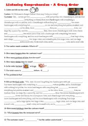 English Worksheet: Video/Listening Comprehension - A crazy fast food order (link, answer key and script)