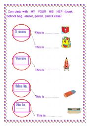 English Worksheet: Possessive adjectives worksheet ( my, your, his, her )