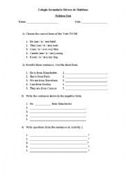 English Worksheet: written test Verb to BE