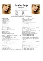 English Worksheet: GREAT MUSIC Taylor Swift - I knew you were trouble. PS: the teenagers will love it!!!