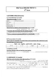 English Worksheet: Third mid term Test 9th Form