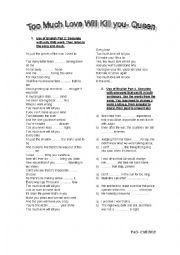 English Worksheet: Too Much love will kill you (queen)