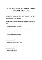 English Worksheet: AUXILIARY+SUBJECT+MAIN VERB+ EVERYTHING ELSE with answer key