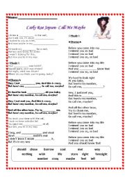 English Worksheet: Carly Rae Jepsen- Call me maybe fill in the blanks