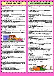 English Worksheet: Review 1: gerund or infinitive & word formation (+ key)