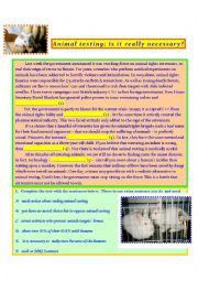 English Worksheet: Animal testing-reading comprehension, true/false, gapfilling and exam test with key