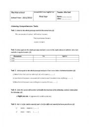 English Worksheet: listening test first form 