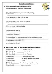 English Worksheet: SIMPLE PRESENT REVIEW EXERCISES