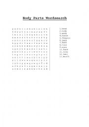 English Worksheet: Body Parts Wordsearch