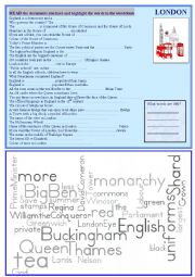 English Worksheet: Wordcloud on England  and London, with key