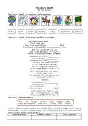 English Worksheet: School subjects with the song Wonderful World by Sam Cooke