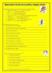 Worksheet about the Present Simple, yes-no questions, wh-questions and frequency adverbs