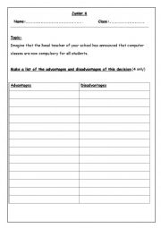 English Worksheet: The advantages and disadvantages of making computer lessons compulsory at schools