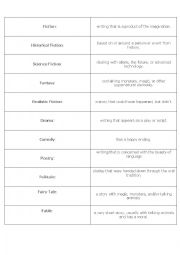 English Worksheet: Genre Matching Cards and Recording Sheet