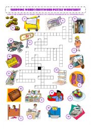 English Worksheet: shopping words crossword
