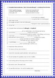English Worksheet: Although and In spite of
