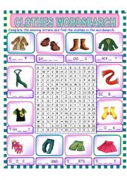 English Worksheet: clothes wordsearch