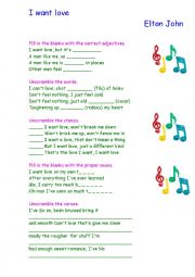 Working with vocabulary - listening comprehension activity : I want love (Elton John) - with answer key.