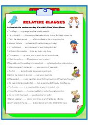 English Worksheet: RELATIVE CLAUSES (2 pages)