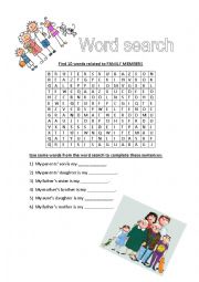 English Worksheet: Family Word Search