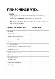 English Worksheet: Find Someone Who... Mingling activity