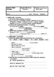 English Worksheet: mid term test N1 FOR 7th form tunisian students