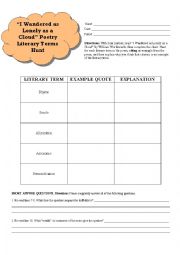English Worksheet: Poetry Terms Hunt - I Wandered Lonely as a Cloud