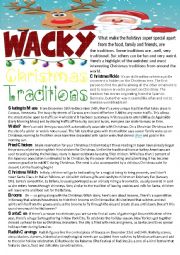 English Worksheet: Wacky Christmas Traditions( reading+writing,answer key is included)