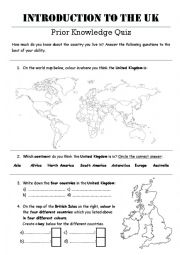 English Worksheet: Intro to UK Prior Knowledge Quiz